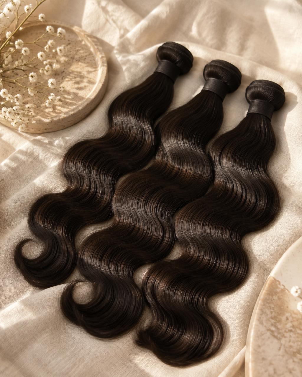 Three natural body wave hair bundles arranged on cream linen