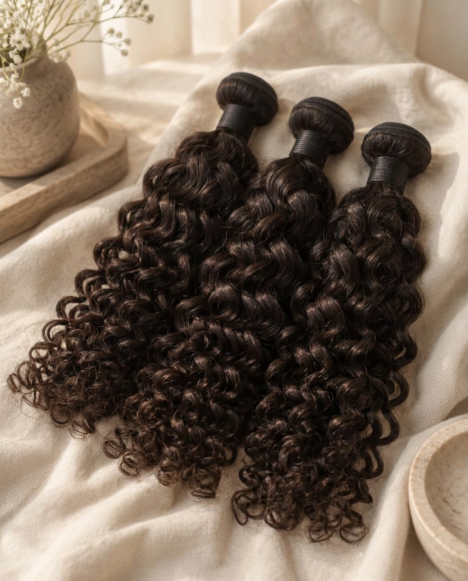 Three Burmese curly hair bundles laid on cream linen