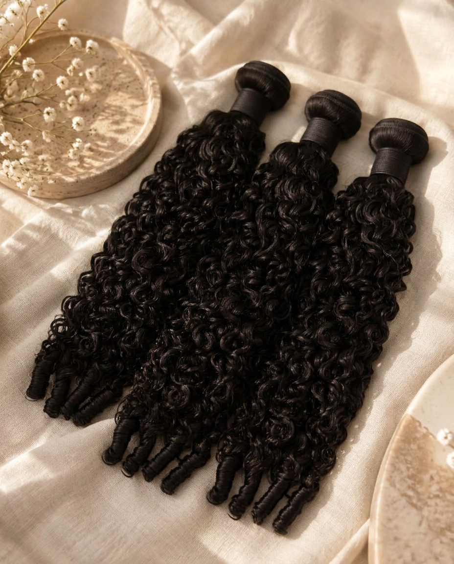 Three Burmese curly hair bundles side by side