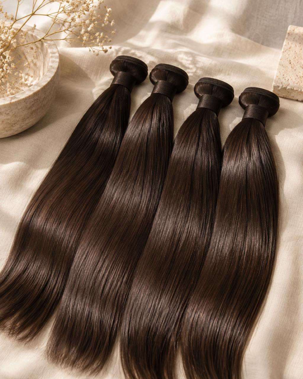 Four silky raw virgin straight hair bundles laid side by side